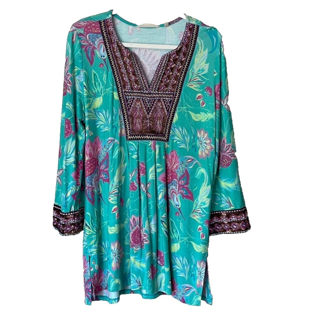 Soft Surroundings Green Maddalena Beaded Embroidery 3/4 Sleeve Tunic Size Medium